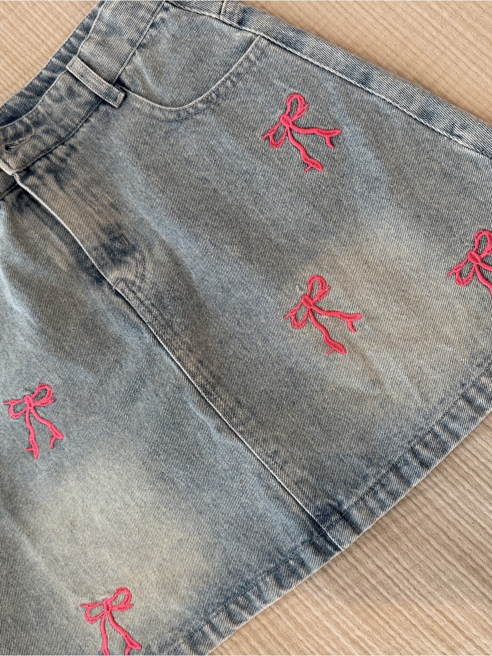 Lola + The Boys Light Blue Denim Skirt with Pink Bow Embroidery Size 14